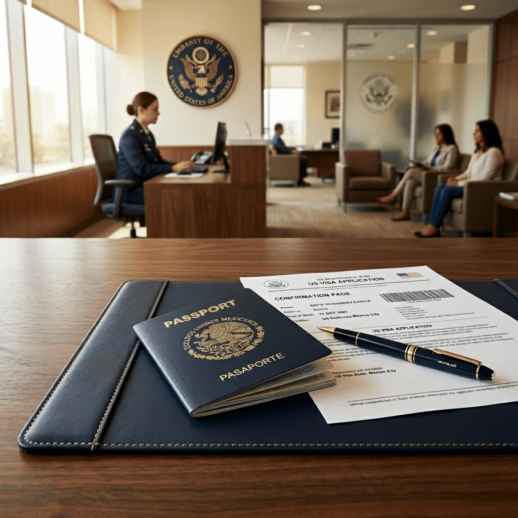 Pasaporte estadounidense, pase de abordar y globo terráqueo sobre escritorio oscuro